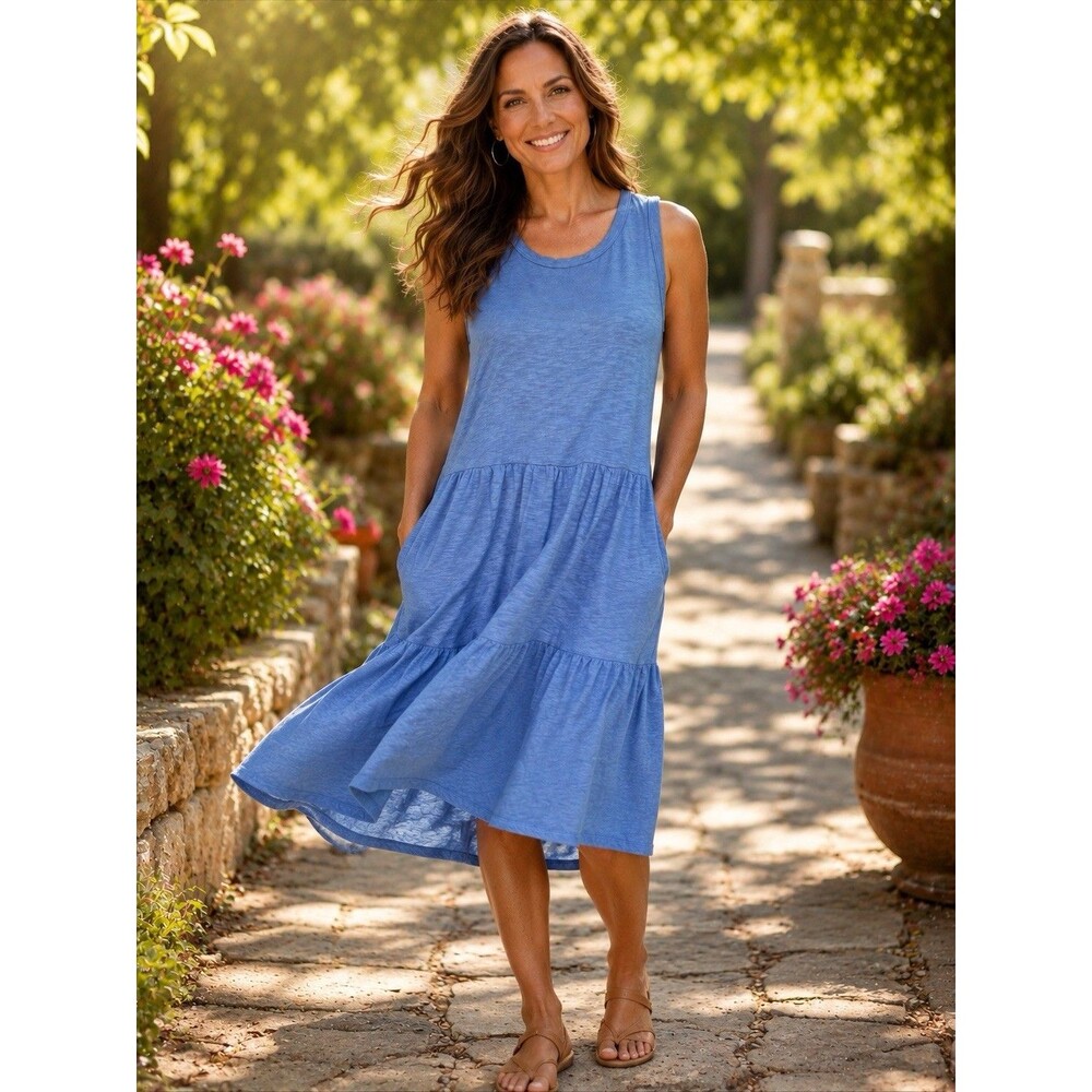 Gap Tiered Midi Blue Dress Sleeveless Tank Large Flowy Whimsical Coastal